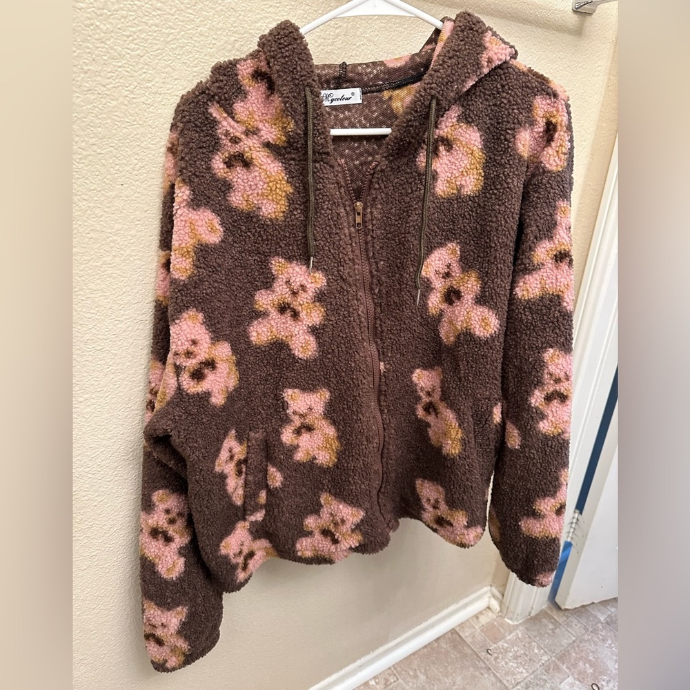 brown bear pattern zip-up hoodie